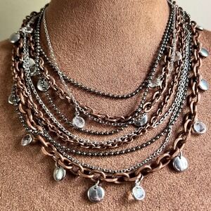 Lia Sophia Copper Silver Mixed Metal Multi Strand Layered Necklace 19"Goblincore